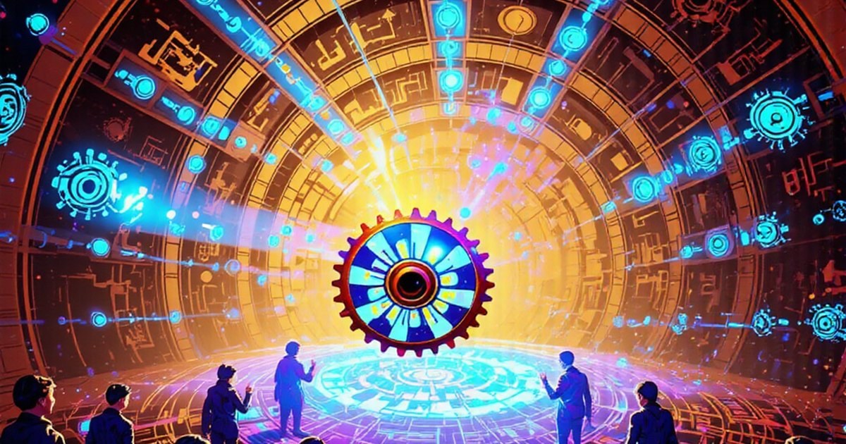 Cog Wars: a giant golden cog with a blue eye hangs over a crowd of silhouetted observers.